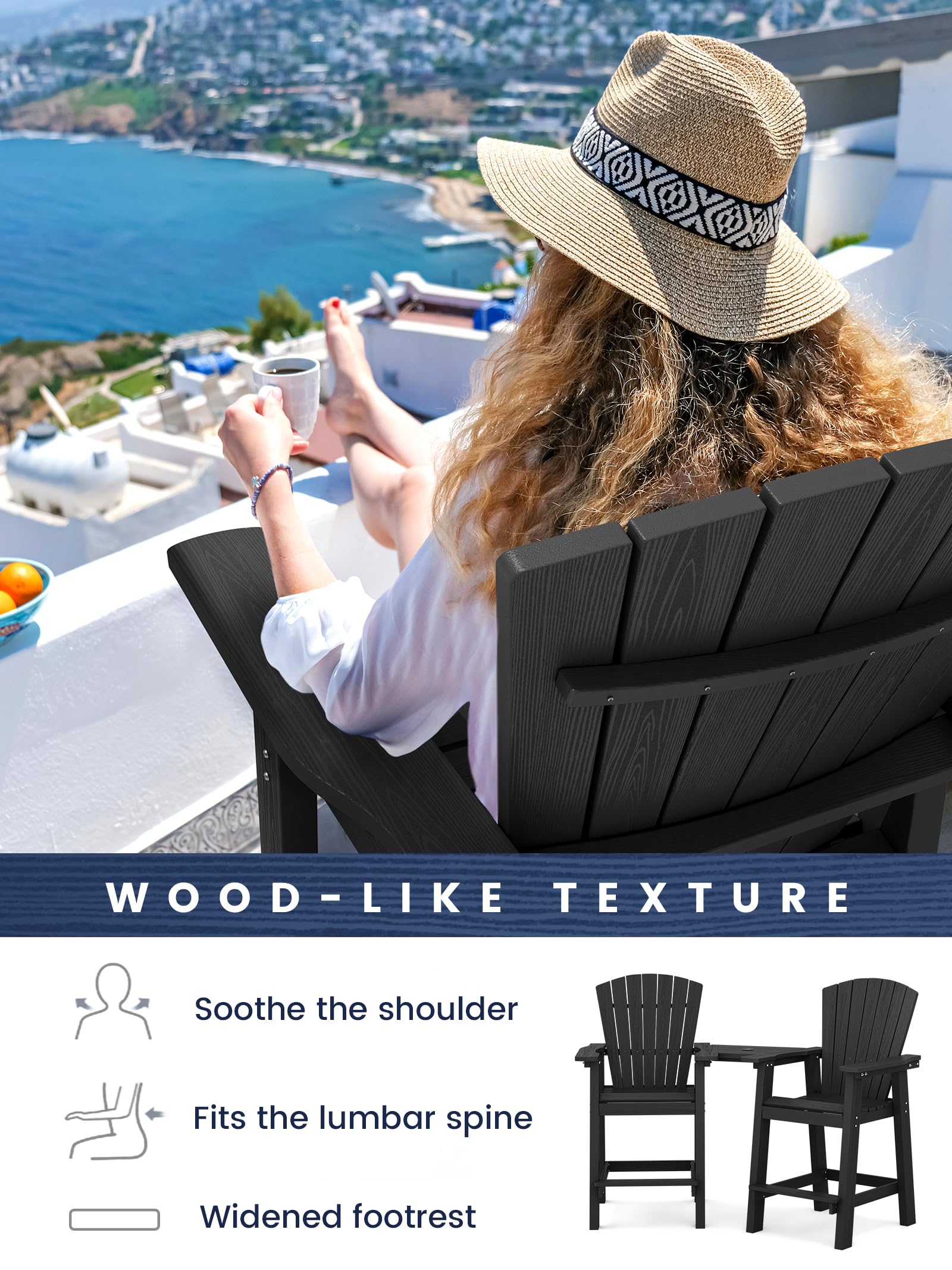 Kingyes Embossed Tall Adirondack Chair Set Of 4, Outdoor Adirondack Bar Stools With Connecting Tray, High Airondack Chair With Wood Grain For Balcony, Black